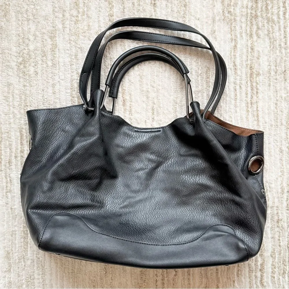 Sondra Roberts SQUARED Black Leather Double Handle Slouchy Shoulder Bag Purse